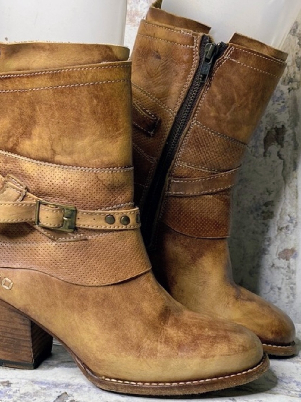 Bed / STU Women’s Tan Leather Mid-Calf Heeled Boots